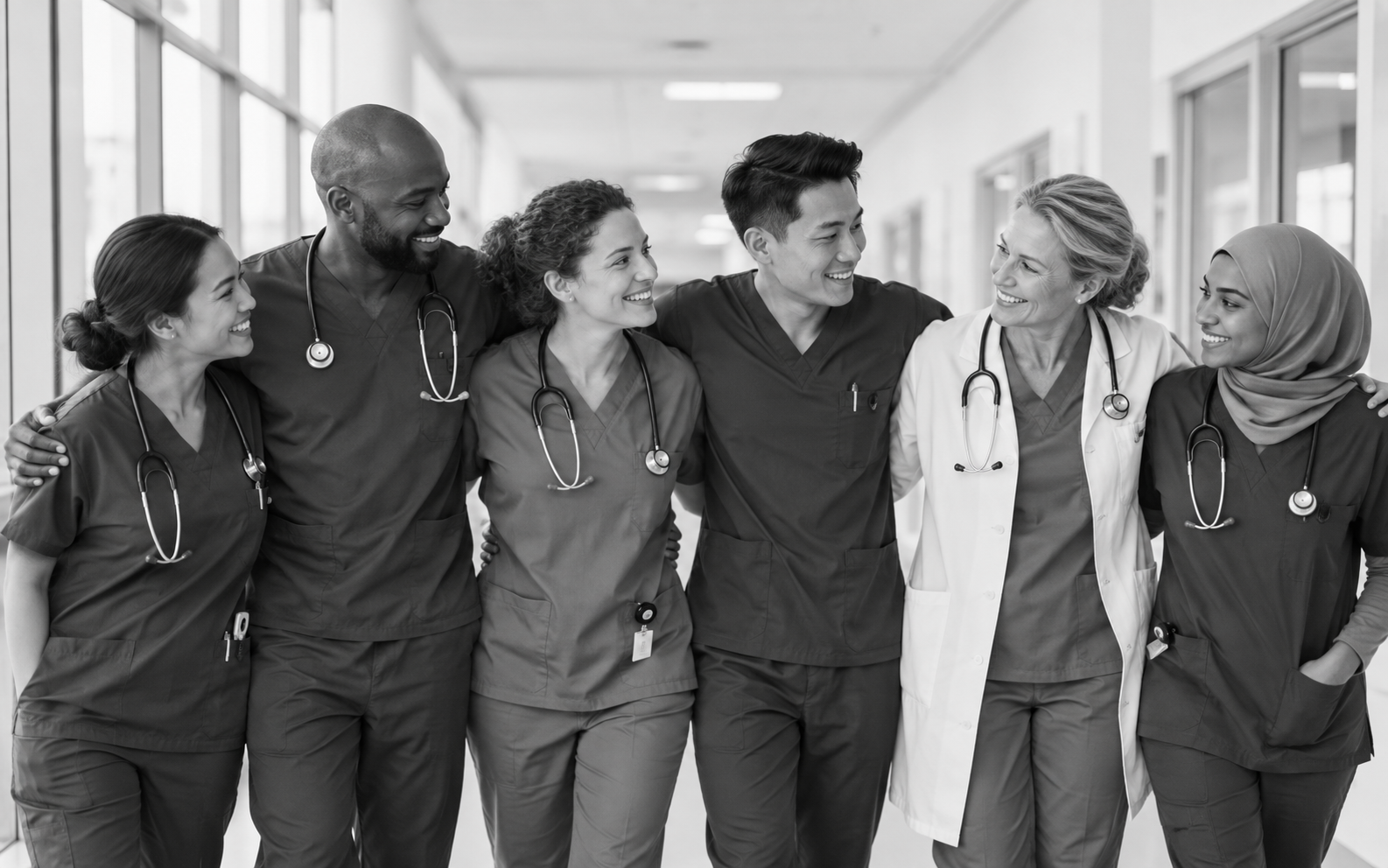 Healthcare professionals standing together in a hospital corridor